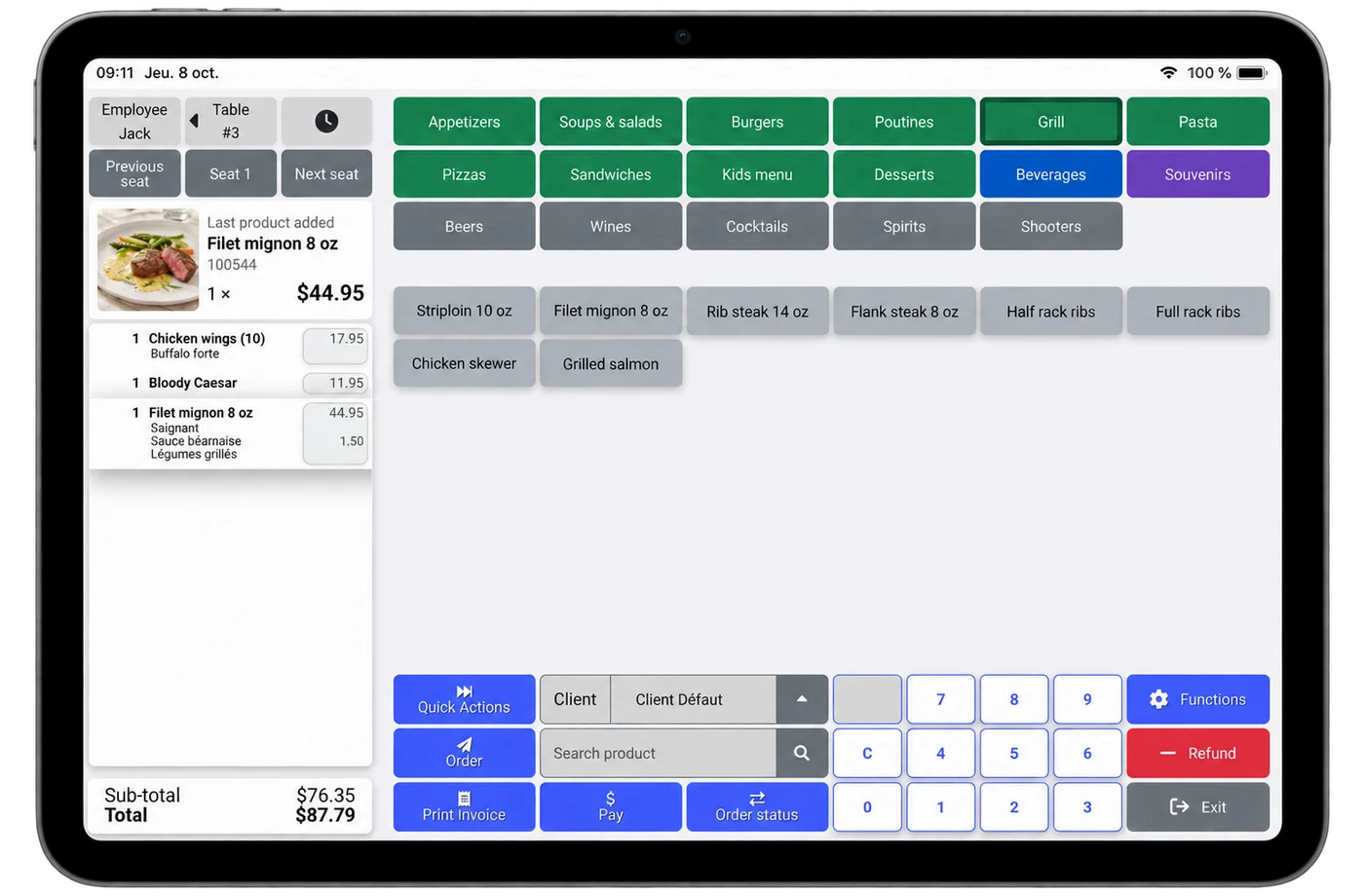 Colossale Cloud POS on an iPad: restaurant order screen